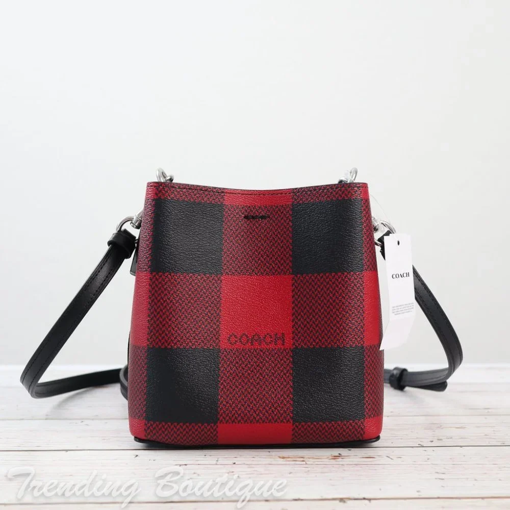 NWT Coach Mini Town Bucket Bag Crossbody With Buffalo Plaid Print - Picture 9 of 11